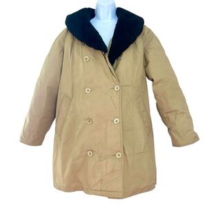 Eddie Bauer Vtg Goose Down Tan Double-Breasted Coat Faux Fur Collar Womens L USA